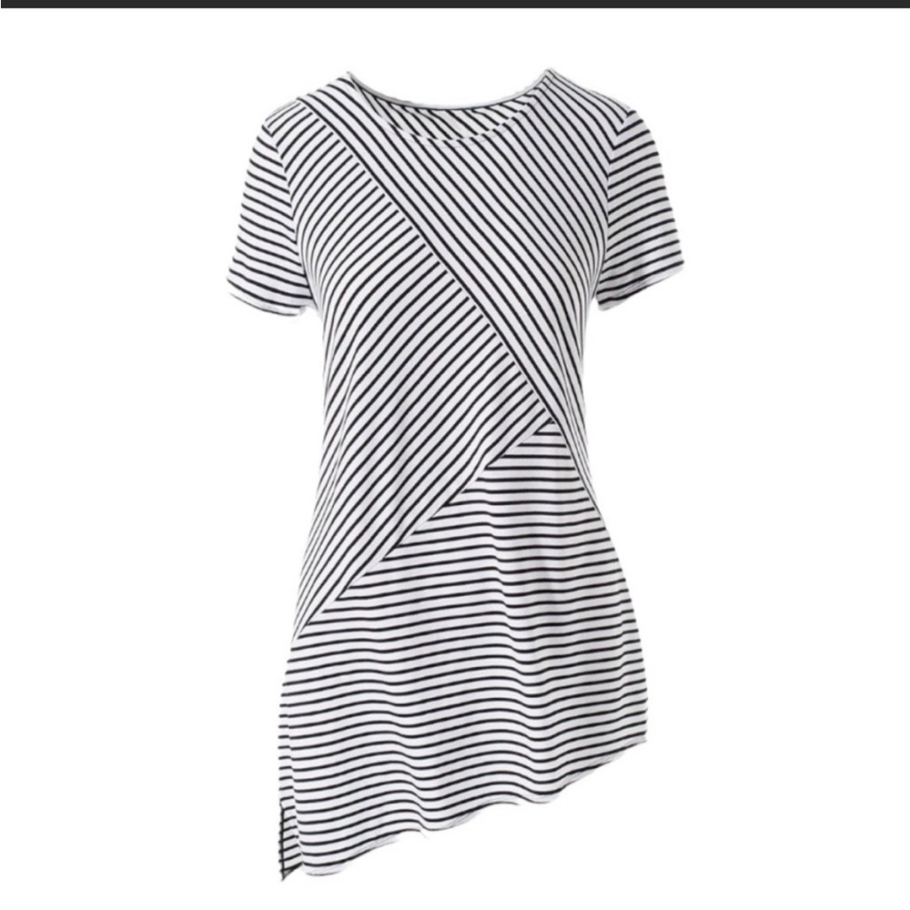 CHICO’S WEEKENDER sz 2 Short Sleeve Tunic Top Asymmetrical Black White Striped